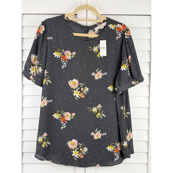 LOFT Tops - LOFT Blouse XL Black Floral Polka Dot Puff Sleeve Button Back NEW
